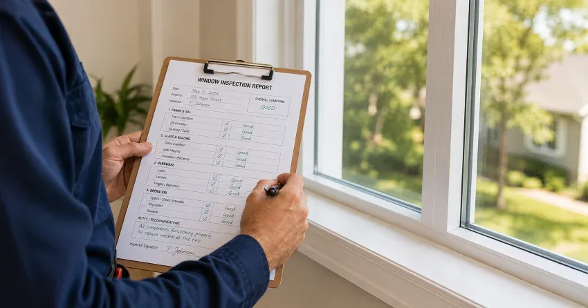 technician inspecting window seal and frame in Tyrone