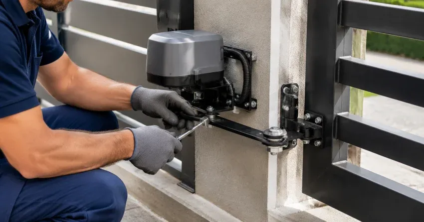 technician diagnosing automatic gate motor and control panel in Tyrone