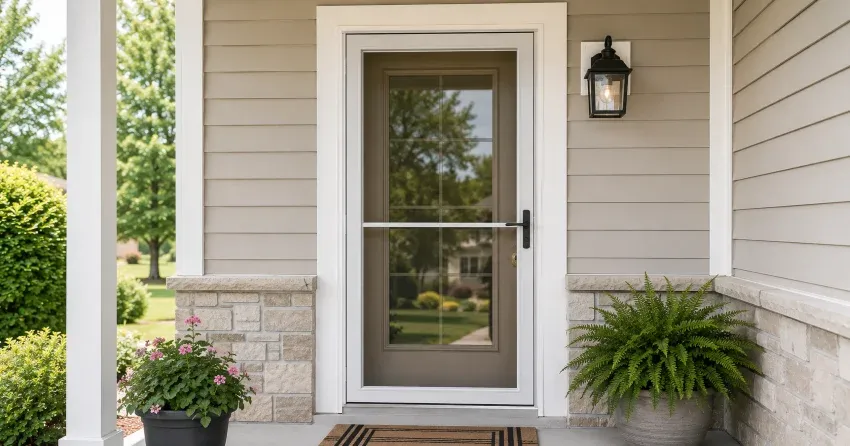 technician hanging storm door square and plumb in Tyrone