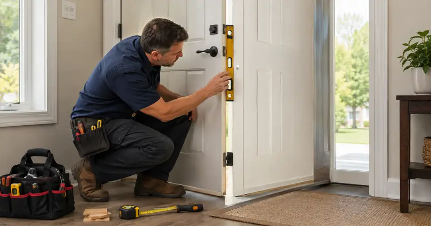 technician diagnosing a misaligned door frame in Tyrone