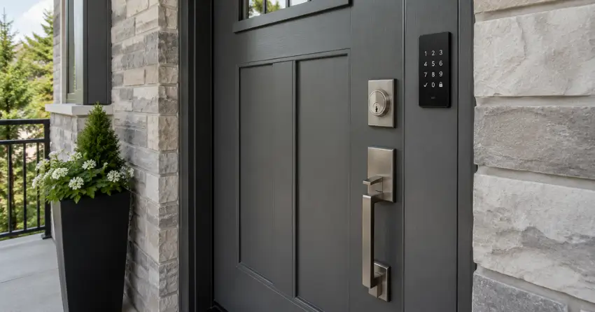 High-security door hardware and access control keypad installed on a residential entry door in Tyrone