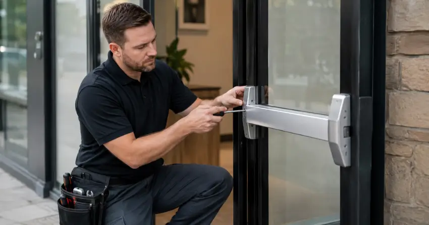 commercial locksmith repairing exit device on storefront door Tyrone