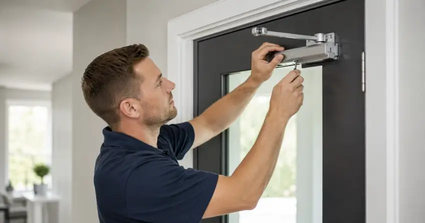 technician adjusting door closer hydraulic valve in Tyrone home