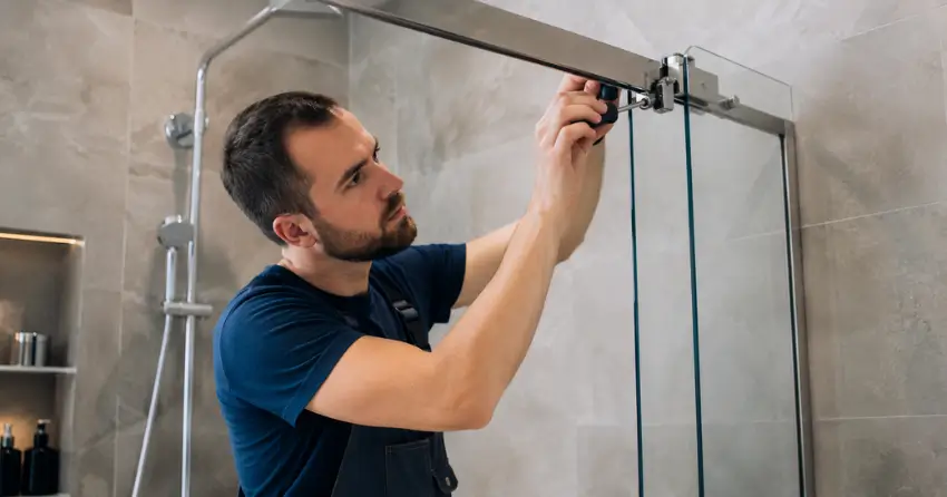 technician adjusting shower door hinge and track in Tyrone