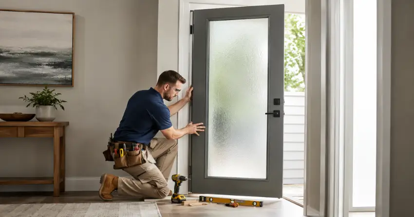 glass panel door installation with frosted privacy glass in residential setting in Tyrone