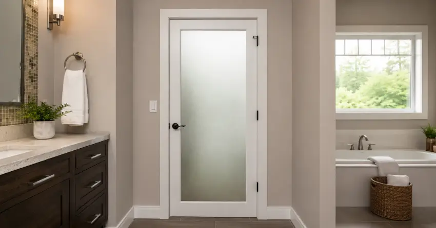 frosted glass panel bathroom door installed in a Tyrone home