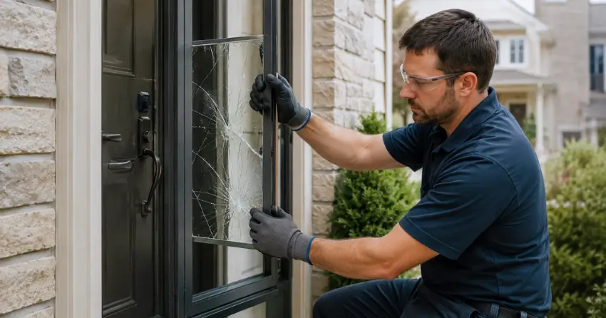 technician removing cracked storm door glass panel in Tyrone