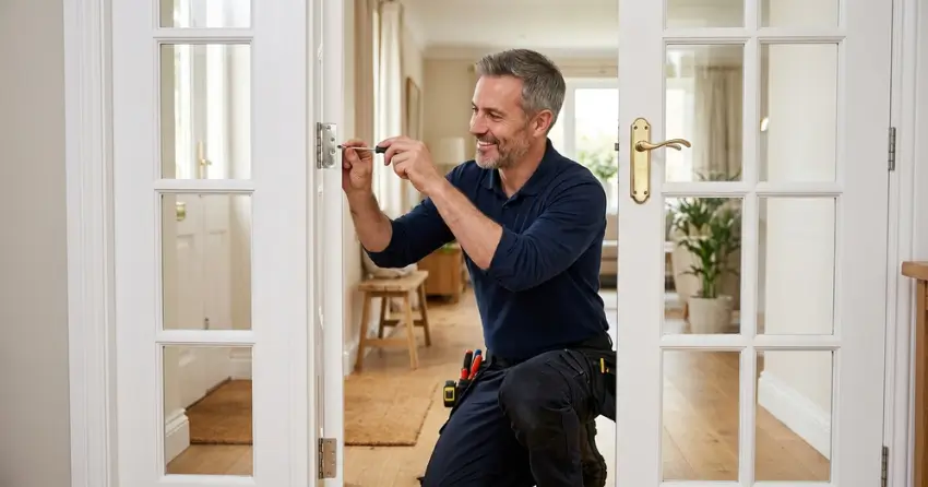 technician adjusting French door hinge for proper alignment in Tyrone