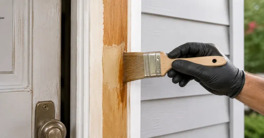 technician probing rotted wood on a door frame in Tyrone