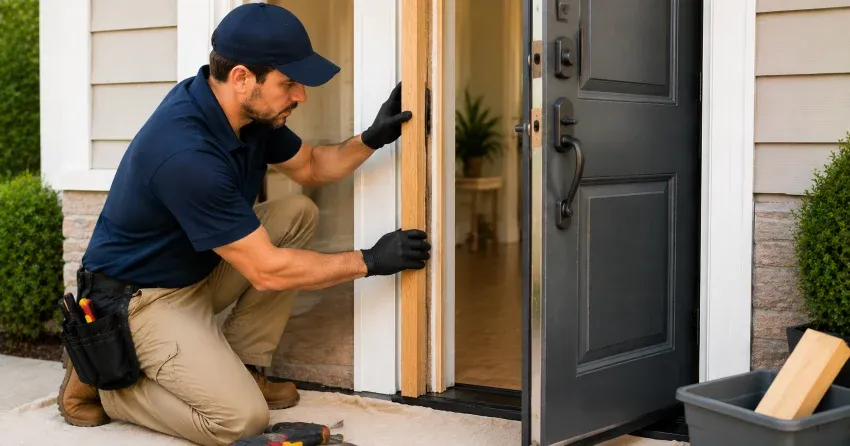 technician inspecting damaged door frame corner in Tyrone