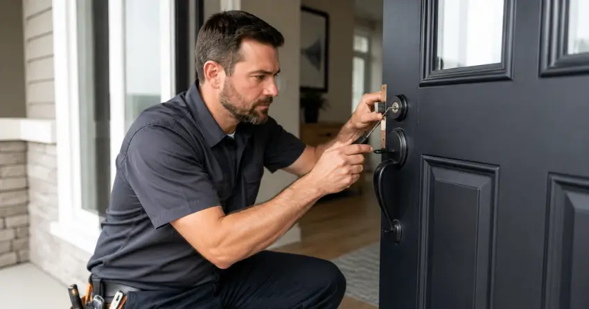 licensed locksmith technician working on residential deadbolt in Tyrone
