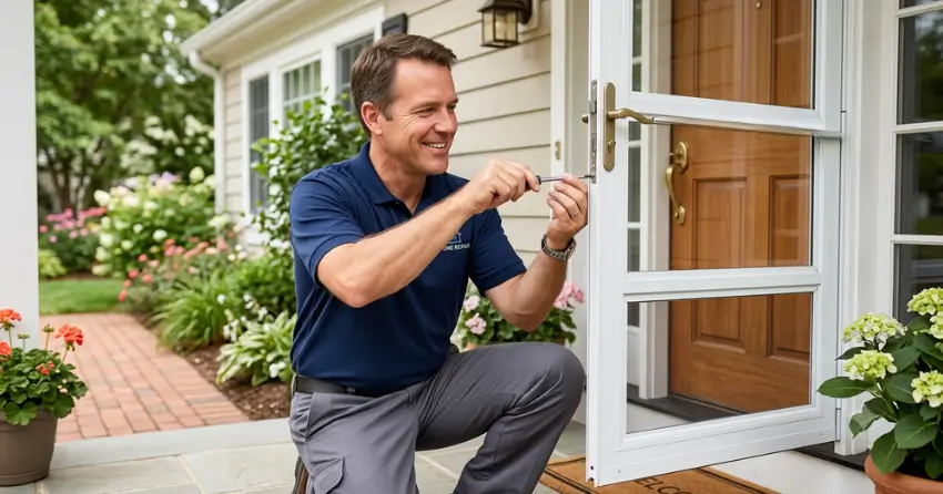 technician adjusting storm door hinge and closer in Tyrone