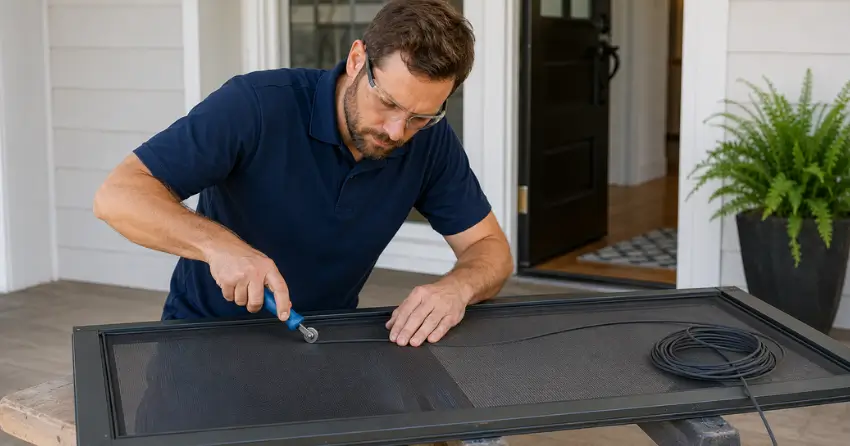 technician replacing screen door mesh and spline in Tyrone