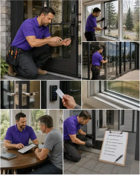 A technician adjusting a patio door roller assembly on site